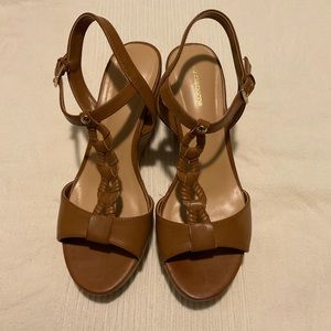 Liz Claiborne cork look tan leather wedges, size 7